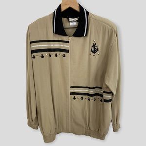 Vintage Tan Black Anchor Embroidered Nautical Zip Front Jacket Large